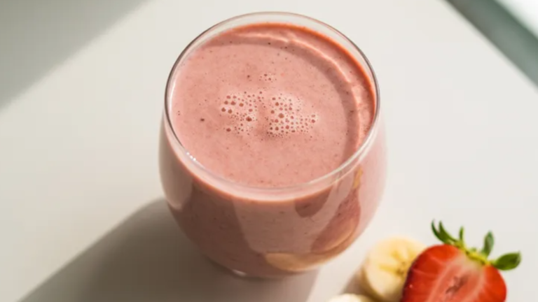 Strawberry banana smoothie in a clear glass on a white table, topped with fresh strawberry slices and banana, looking creamy and refreshing.