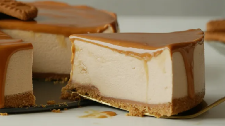 Creamy no-bake Biscoff cheesecake with a biscuit crust and glossy Biscoff topping on a white table in soft natural light