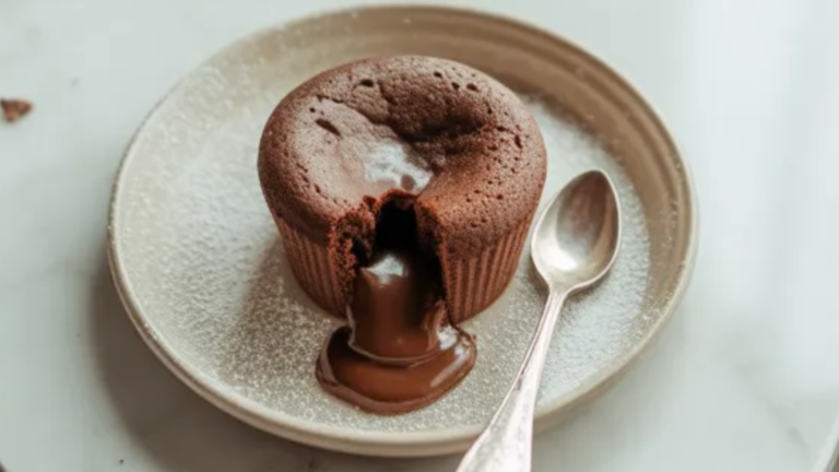 A realistic air fryer lava cake in a white ramekin with melted chocolate flowing from the center on a bright white table