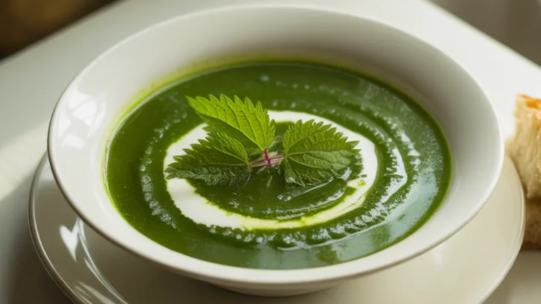 Delicious green nettle soup served in a modern bowl with soft light and a cozy simple food blog style presentation