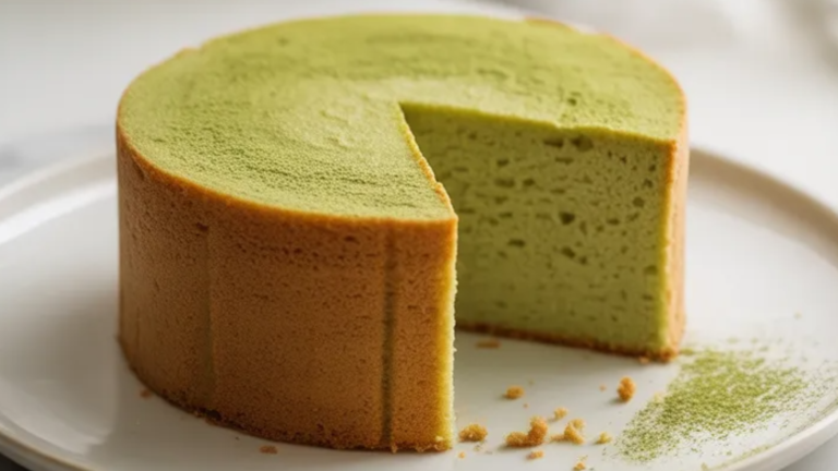 A homemade Japanese-style matcha cake with a soft texture and green tea color, served on a white plate in natural daylight.