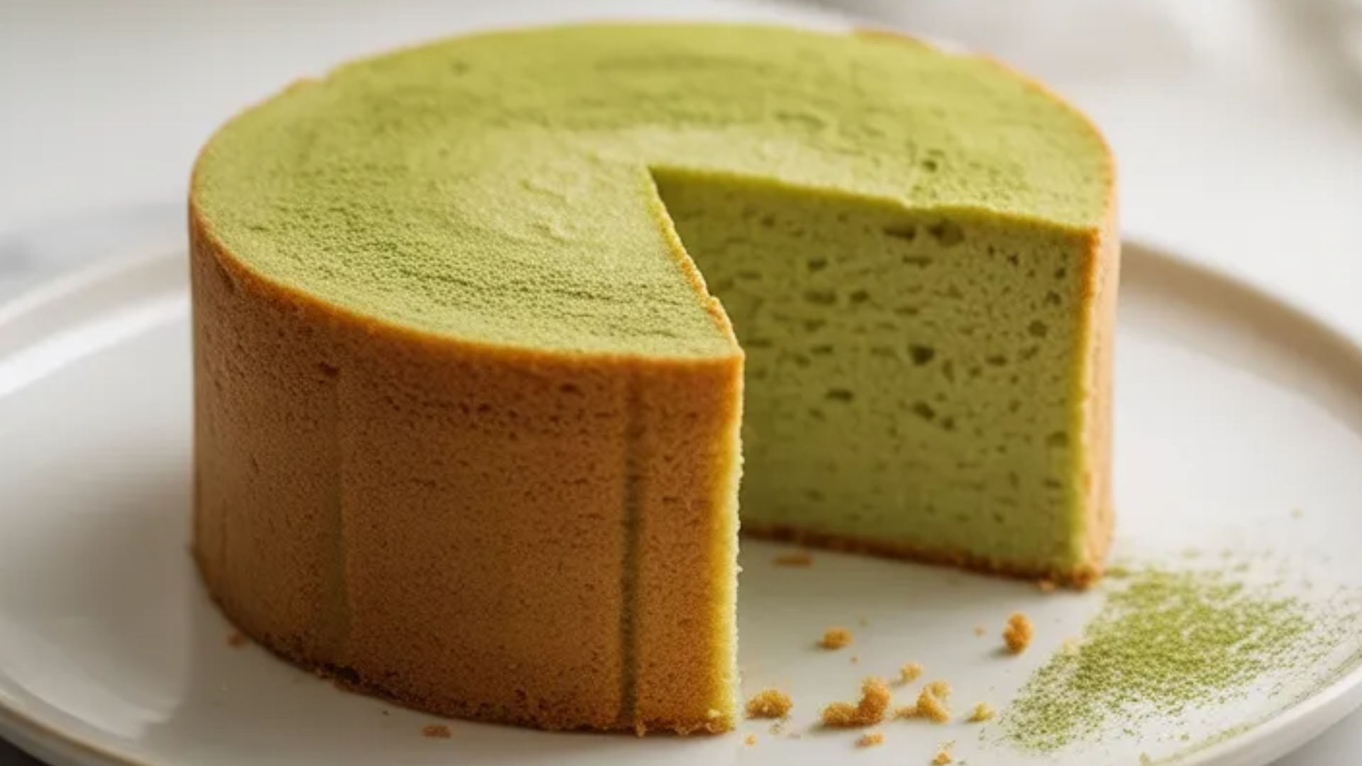 A homemade Japanese-style matcha cake with a soft texture and green tea color, served on a white plate in natural daylight.