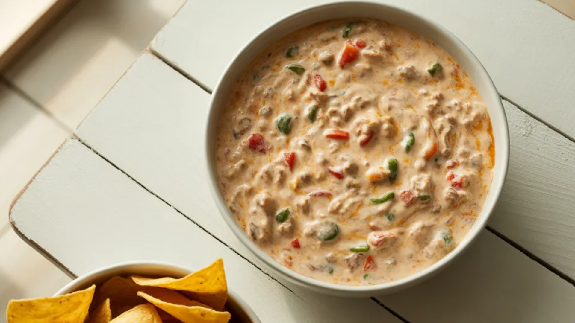 Creamy Rotel dip in a white bowl served with tortilla chips on a clean white table