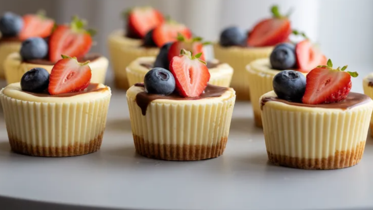 Mini cheesecake cups on a white table topped with strawberries and blueberries, creamy filling with a golden biscuit crust, soft natural light food photography