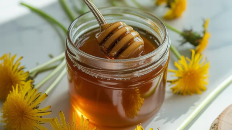 A clear glass jar of golden dandelion honey placed on a white marble table with fresh yellow dandelion flowers around it and a clean Pinterest-style title in the center saying “Dandelion Honey Natural Vegan Sweetener”.